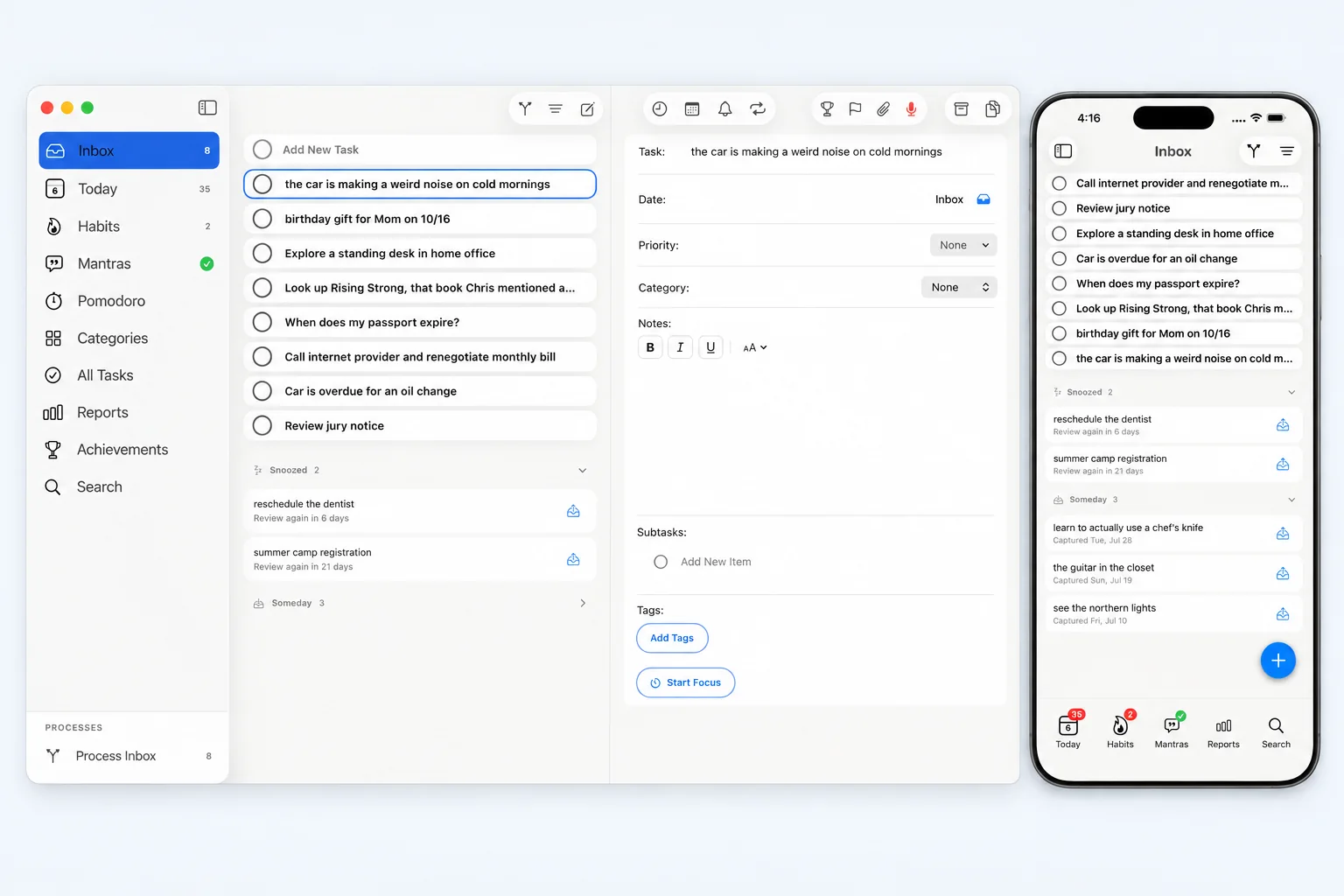 PathDay on Mac and iPhone showing the Inbox