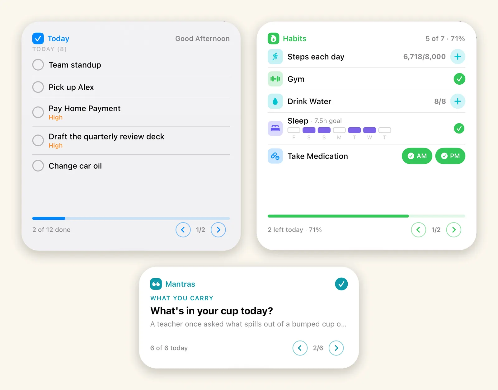 PathDay Today, Habits, and Mantras widgets on the Home Screen